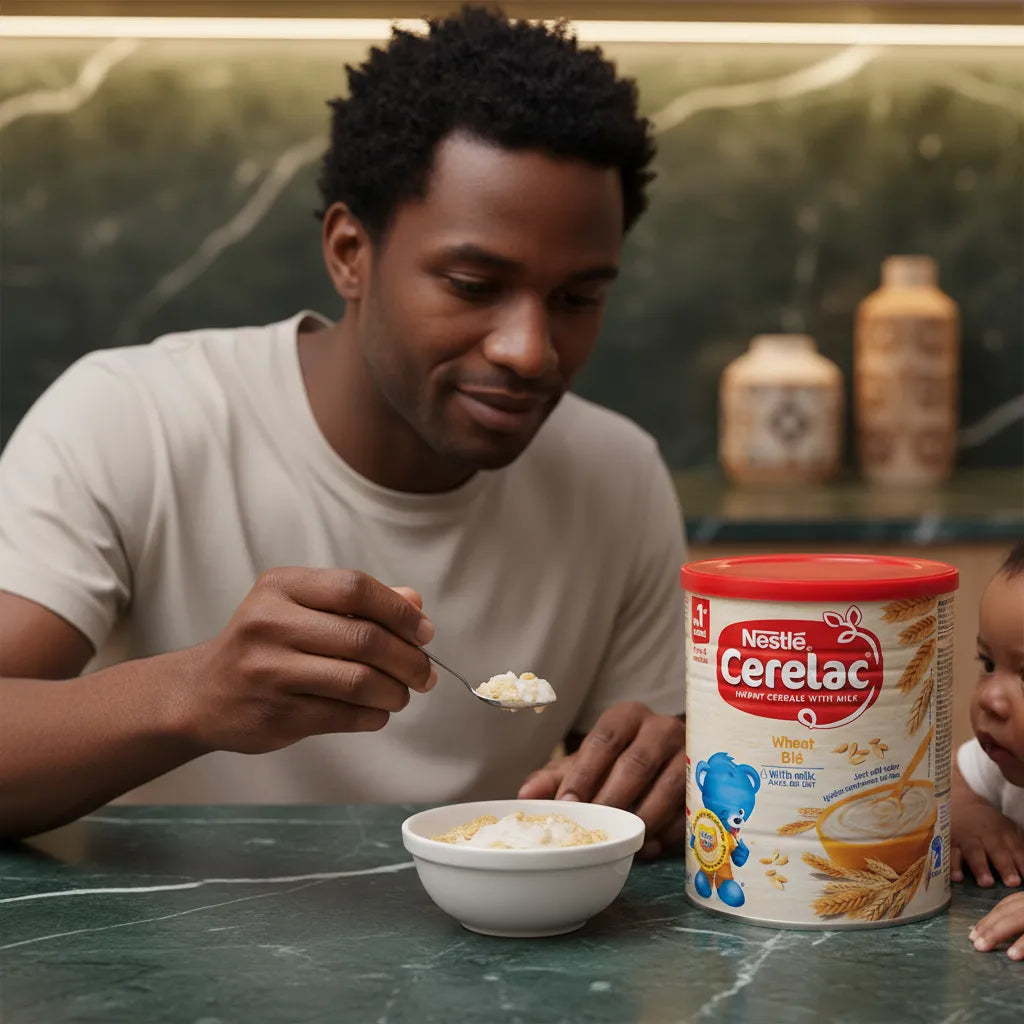 Père nourrissant son bébé avec un bol de Cerelac blé et lait Nestlé, céréales onctueuses adaptées aux tout-petits dès 6 mois.